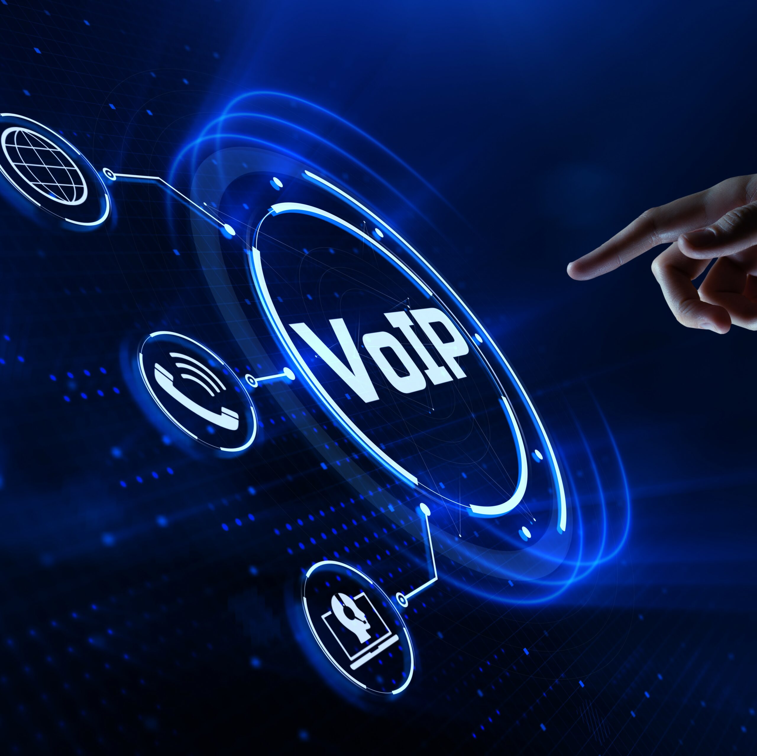 VoIP Voice over IP Telecommunication concept. Hand pressing button on screen. opérateur voip - fournisseur voip - Plug & Tel France